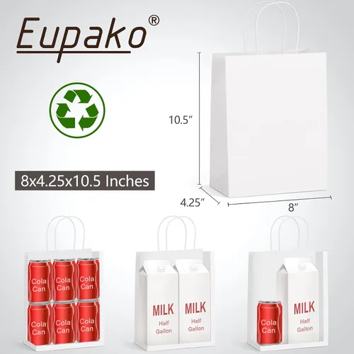 Miniatura 4 de Eupako Bolsas de papel de 8 x 4.25 x 10.5 pulgadas, 100 bolsas de regalo blancas con asas, papel de estraza, recuerdo de fiesta, bolsas de mercancía