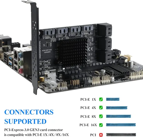 Miniatura 2 de Tarjeta de expansión PCIe 1 x SATA (10 puertos), tarjeta de expansión PCIe con controlador SATA 3.0 de 6 Gbps, no RAID, incluye soporte de perfil