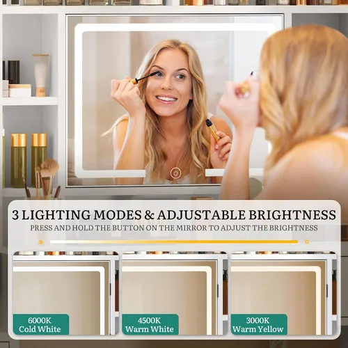 Miniatura 6 de YITAHOME Escritorio de tocador con espejo y luces, tocador de maquillaje grande de 59 pulgadas con tomas de corriente y 5 cajones, 3 modos