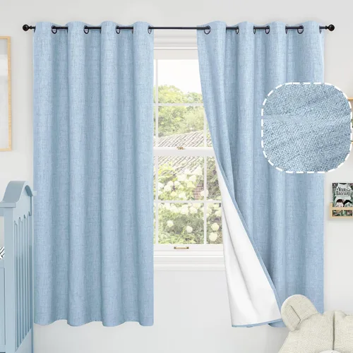 Miniatura 84 de Cortinas Opacas de Lino Azul Bebé para Guardería de 40 Pulgadas de Largo, 2 Paneles, Cortinas Cortas con Aislamiento Térmico Boho de Bloqueo Total