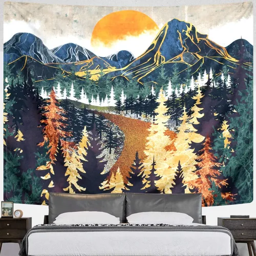 Miniatura 4 de SENYYI Tapiz colgante de pared de montaña, arte de árboles del bosque, puesta de sol, camino en la naturaleza, paisaje, decoración del hogar