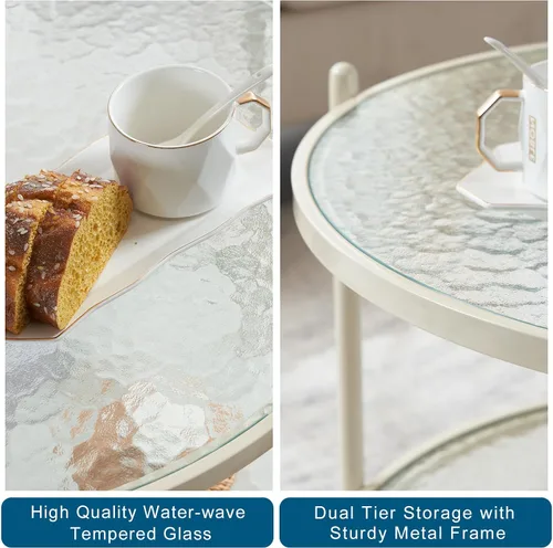 Miniatura 4 de VINGLI Mesa de Centro Redonda Pequeña de 25.6" Blanco Crema con Vidrio de Onda de Agua Círculo Transparente Mesa de Centro, Mesa Central con Diseño