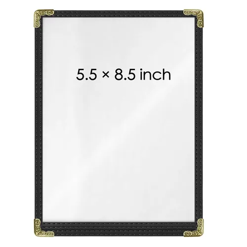 Fundas para menú, paquete de 25 unidades, 5.5 x 8.5 pulgadas, soportes de menú de vinilo negro | Fundas transparentes impermeables de 2 vistas con