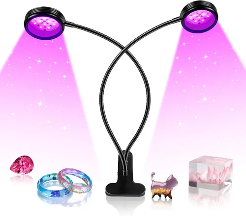 Miniatura 10 de Luz Negra LED de Doble Cabezal, Luminaria de Luz UV de 20W con Abrazadera, Lámpara de Cuello de Ganso UV de 395-405nm Alimentada por USB para Fiesta