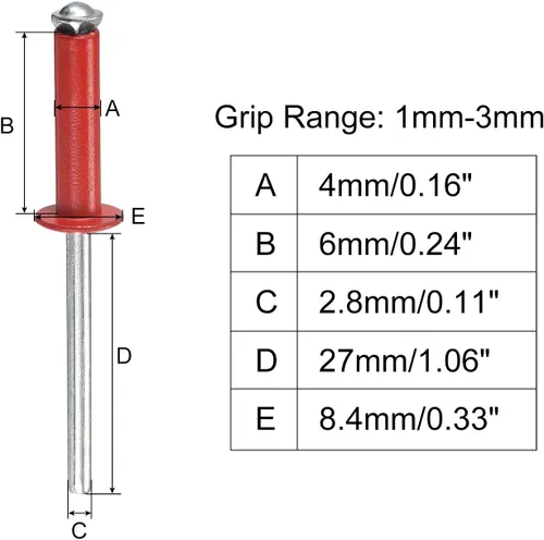 Miniatura 2 de uxcell Remaches ciegos de aluminio, 0.157 in x 0.236 in (5/32 pulgadas x 15/64 pulgadas), remache de extremo abierto, cabeza redonda plana para unir