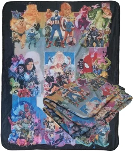 Marvel - Manta de forro polar del 80.º aniversario – Ultrasuave y ligera, montaje clásico de cómic de Iron Man, Thor, Cap, Spidey, lavable a 80