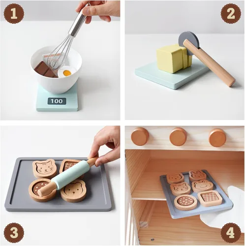 Miniatura 5 de PairPear Juego de Comida de Juguete de Madera para Galletas y Hornear, 28 Piezas de Galletas Rebanables para Niños, Batidora de Mano de Juguete