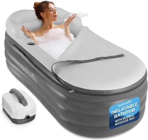 Miniatura 8 de SereneLife Bañera de spa con alfombrilla de masaje de burbujas – Bañera inflable con almohada, portavasos, control remoto para iluminación LED