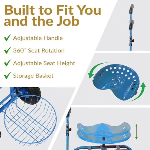 Miniatura 3 de Sunnydaze Carrito de jardín con ruedas - Taburete de jardín con ruedas - Asiento de jardinería con ruedas con mango extensible - Asiento giratorio
