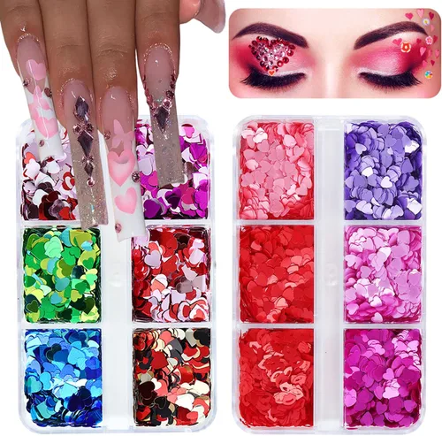 Lentejuelas de uñas de corazón para el día de San Valentín, decoración de manicura, mezcla de colores, corazón, purpurina, lentejuelas, labios