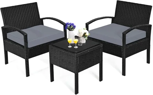 Miniatura 8 de HAPPYGRILL Juego de 3 piezas de conversación para patio, juego de mimbre de ratán al aire libre con mesa de centro para jardín, balcón y patio Rojo