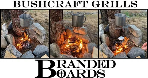 Miniatura 4 de Parrilla portátil de Bushcraft con rejilla para barbacoa de acero inoxidable, tabla de cortar de bambú, bolsa de arpillera, cuchillo mini, kits