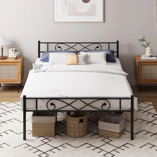 Miniatura 11 de Base de cama de plataforma metálica King con cabecero, soporte de listones de acero resistente, base de colchón, almacenamiento debajo de la cama