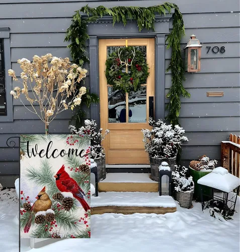 Miniatura 6 de Banderas de jardín de invierno de bienvenida para decoración exterior, bandera de patio pequeño con ramitas de pino cardenal, decoración de Navidad