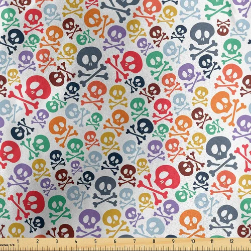 Miniatura 141 de Ambesonne The Yard, tela de calavera colorida con temática de Halloween, diseño de calavera y huesos cruzados, divertido estampado de dibujos
