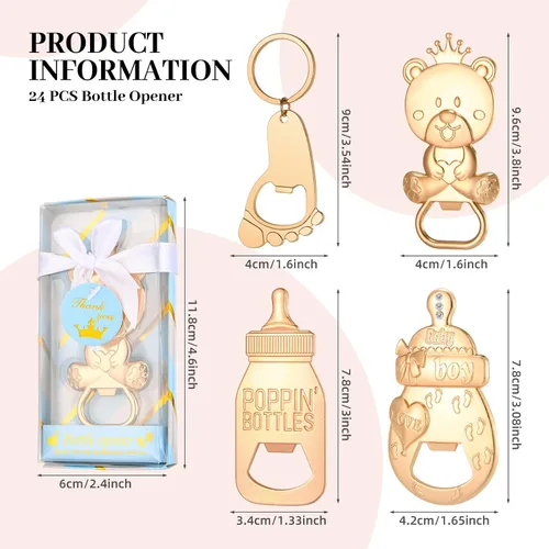Miniatura 2 de Abrebotellas de bebé, 24 piezas, llavero con huella de oso y niño, abrebotellas con caja de regalo azul, recuerdos de fiesta de baby shower