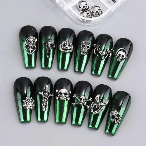 Miniatura 5 de 36 dijes de uñas de Halloween, 12 estilos, plata, forma de calavera, aleación, metal plateado antiguo, decoración de uñas