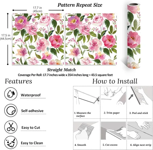 Miniatura 2 de VEELIKE Papel tapiz floral de peonías rosas para despegar y pegar, 17.7 x 354 pulgadas, papel de pared de peonías vintage, autoadhesivo, extraíble