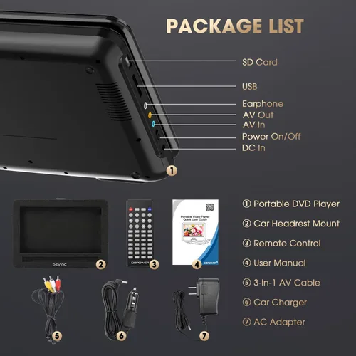 Miniatura 7 de DBPOWER - Reproductor de DVD portátil de 12 pulgadas con batería recargable de 5 horas, pantalla giratoria de 10 pulgadas, ranura para tarjeta SD