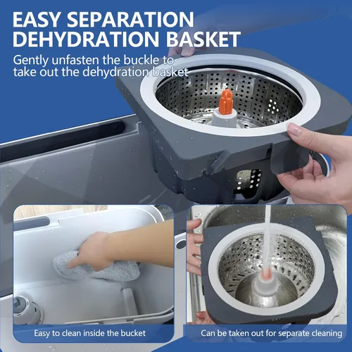 Miniatura 5 de Trapeador giratorio y cubo con escurridor en ruedas, sistema de cubo giratorio de 180° con 6 cabezales de repuesto de microfibra lavables, mango