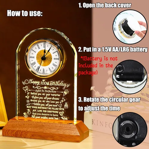 Miniatura 4 de Arikyrist Regalos de cumpleaños número 100 para mujeres, hombres y amigos, reloj de cumpleaños de cristal con base de luz