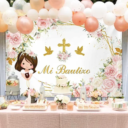 Miniatura 4 de MEHOFOND Mi Bautizo - Telón de fondo para niña, fondo de bautismo floral rosa con cruz dorada, fondo bohemio para bautizo de primera comunión, fondo