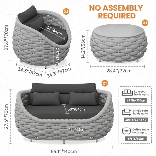 Miniatura 7 de Juego de muebles de patio de 4 piezas ensamblado, conjunto de sofá de conversación para exteriores de cuerda tejida a mano - Sofá de aluminio Cuerda