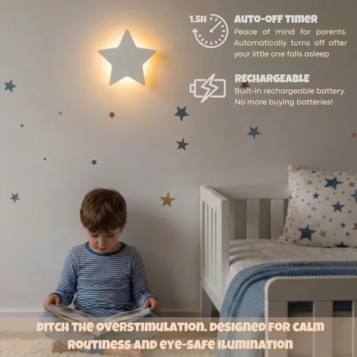Miniatura 3 de KALEOLI Luz nocturna de estrellas para guardería, luz de pared regulable y recargable para niños, juego de 106 calcomanías de pared de luna