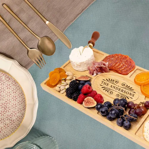 Miniatura 3 de Andaz Press Tablero de charcutería personalizado XL, bandeja de madera de bambú grabada con grabado personalizado Art Deco, tabla de queso, tabla