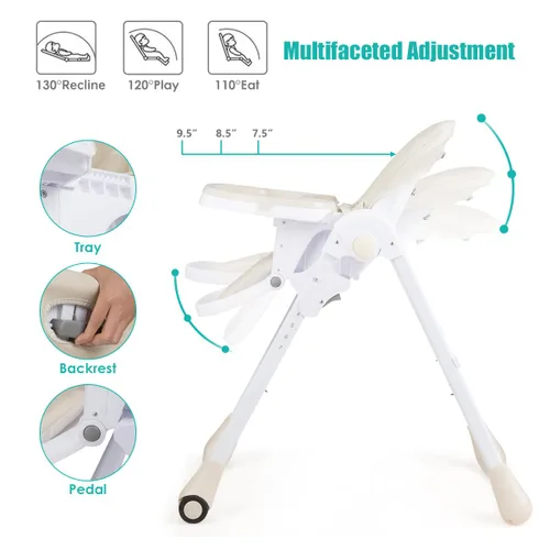 Miniatura 5 de BABY JOY Silla alta convertible para bebés y niños pequeños, altura ajustable, silla alta Grow & Go con reclinable y reposapiés, bandeja doble Beige