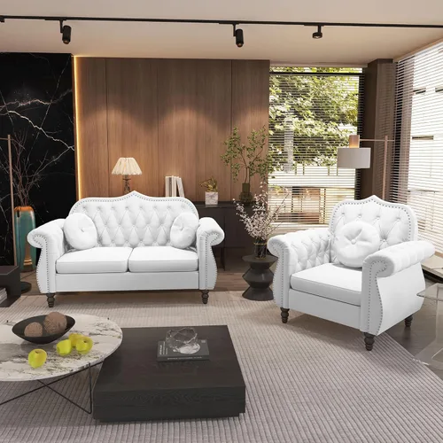 Miniatura 17 de AVZEAR 82" Sofá de tres plazas de cuero, sofá Chesterfield, sofá tapizado en PU de estilo moderno de mediados de siglo, sofá de sala de estar