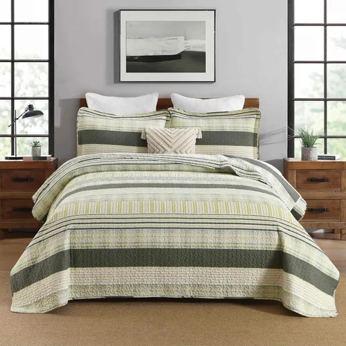 Miniatura 25 de Homzard - Juego de ropa de cama de algodón, tamaño Queen, color amarillo, negro y gris a rayas, ligero, de estilo rústico, para todas las 01-2