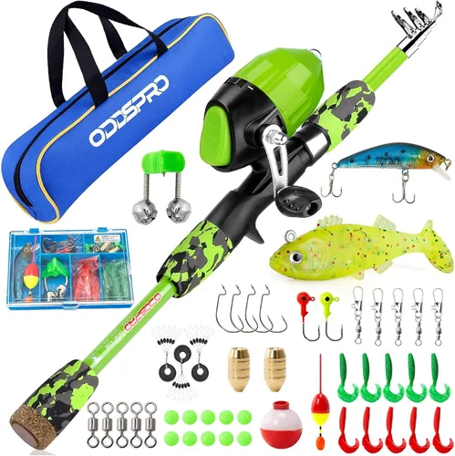 Miniatura 10 de ODDSPRO Caña de pescar para niños, color rosa, kit combinado de caña de pescar telescópica portátil y carrete - con caja de aparejos de pesca