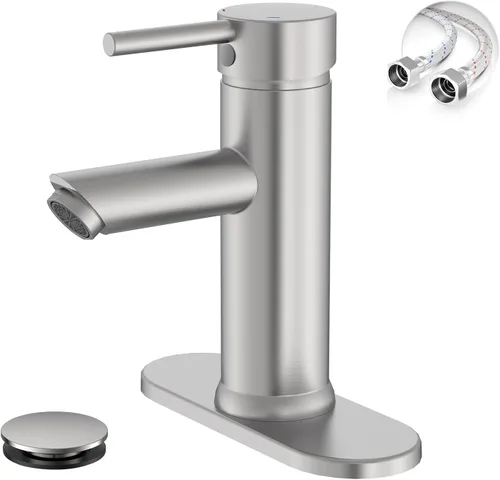 Miniatura 12 de Grifo mando de una sola pieza para fregadero de baño con desagüe desplegable sin desbordamiento Negro