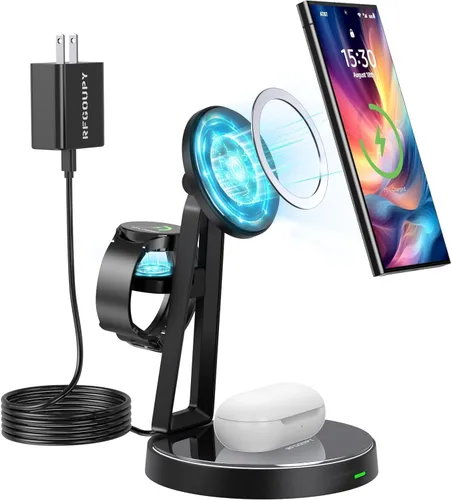 Cargador inalámbrico Samsung | Estación de carga 3 en 1 para Samsung Galaxy S25/S24/S23/S22 y Apple Watch 7/6/5/AirPods | Cargador MagSafe para