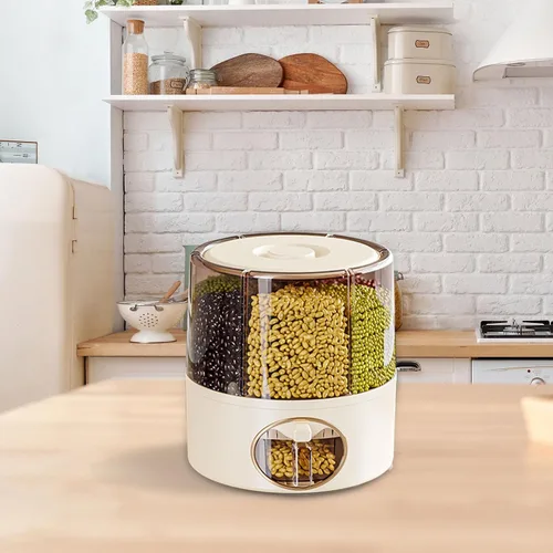 Miniatura 4 de Dispensador de granos, dispensador de alimentos secos giratorio de 360 grados con 6 compartimentos, salida de un solo clic, dispensador de granos