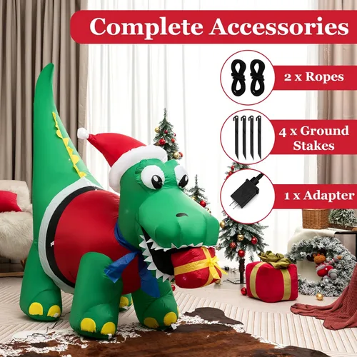 Miniatura 8 de Tangkula Mordedura inflable de dinosaurio de Navidad iluminada de 6 pies, caja de regalo, decoración inflable de Navidad con luces LED y caja
