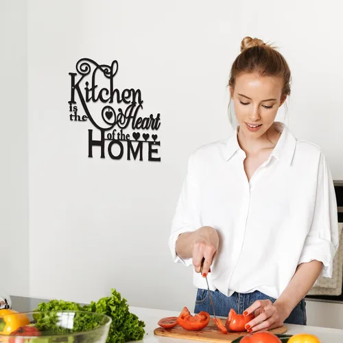 Miniatura 5 de Decoración de pared de cocina, moderna escultura de pared de metal negro "Kitchen is the Heart of the Home", arte de pared impermeable para cocina