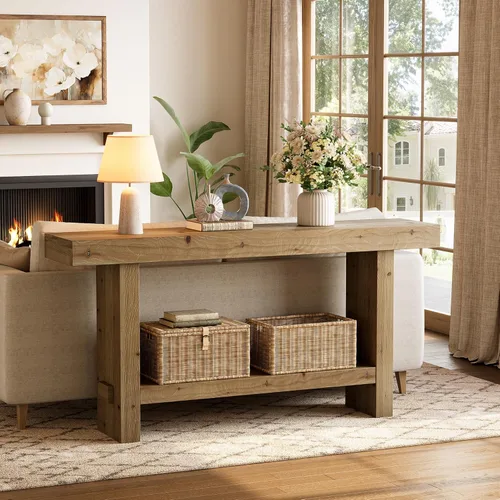 Miniatura 3 de Mesa consola de madera maciza de 63 pulgadas, mesa de entrada estrecha con estante de almacenamiento de 2 niveles, para pasillo, entrada, sala