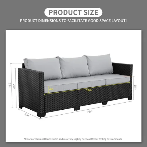Miniatura 2 de Rattaner Muebles de Exterior Sofá de Exterior Muebles de Patio Sofá de 3 Asientos Asiento Profundo Respaldo Alto con Funda Impermeable y Cojines Gris