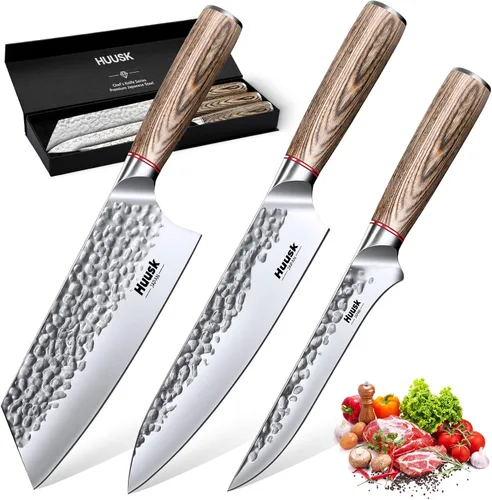 Huusk Juego de cuchillos de cocina japoneses, juego de cuchillos de chef profesionales de 3 piezas para cocina, juego de cuchillos de carnicero