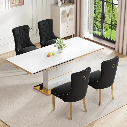 Miniatura 7 de Mesa de comedor moderna negra para 6 personas, mesa de cocina rectangular de 63 pulgadas con acabado lacado dorado y base de pedestal de acero