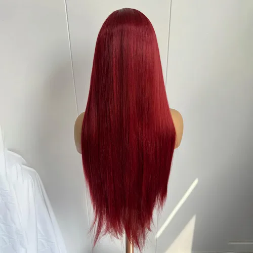 Miniatura 6 de RONGDUOYI RDY - Pelucas largas y sedosas con encaje frontal para mujer, pelucas sintéticas de color rojo vino prearrancadas de 24 pulgadas con línea