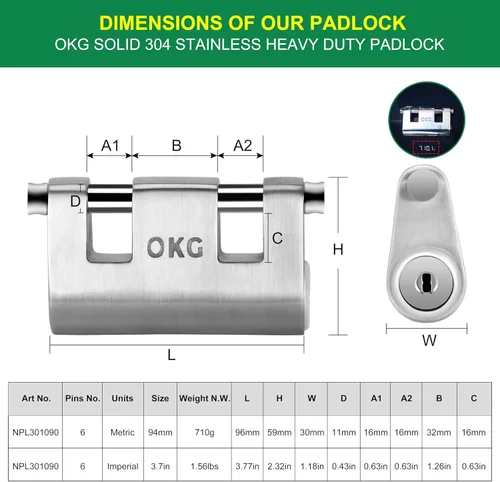 Miniatura 4 de OKG Cerradura de acero inoxidable ultra segura, candado fundido sólido resistente, 3 llaves, 2 varillas, grillete de 7/16 pulgadas, cilindro