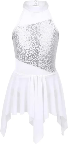 Miniatura 29 de YiZYiF Vestido de baile de lentejuelas para niños y niñas, leotardo de ballet, cuello alto, vestido lírico, traje de rendimiento irregular
