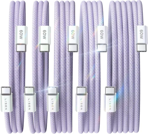 Miniatura 27 de LISEN Cable USB C a USB C, paquete de 5 [3.3/3.3/6.6/6.6/10 pies] para iPhone 17, cable C a C de carga rápida para iPad, iPhone 16 15 Pro Max, Negro