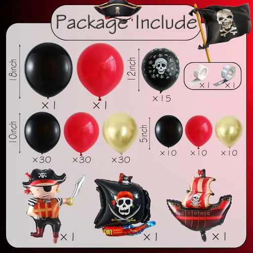 Miniatura 2 de Decoraciones de fiesta de cumpleaños pirata, 142 piezas de guirnalda de globos dorados metálicos rojos, negros, kit de arco de arco de globos