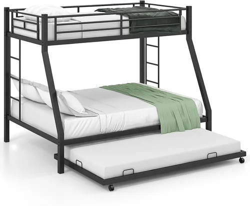 Miniatura 8 de KOMFOTT Litera individual sobre matrimonial con nido, marco de cama de metal resistente con barandilla y 2 escaleras, litera que ahorra espacio