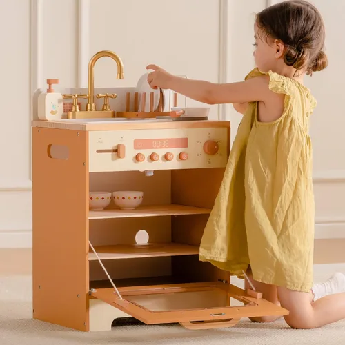 Miniatura 8 de ROBOTIME Fregadero Lavavajillas de Juguete de Madera – Juguete de Cocina de Imitación Color Caramelo con Grifo Dorado, Perillas Giratorias, Estante