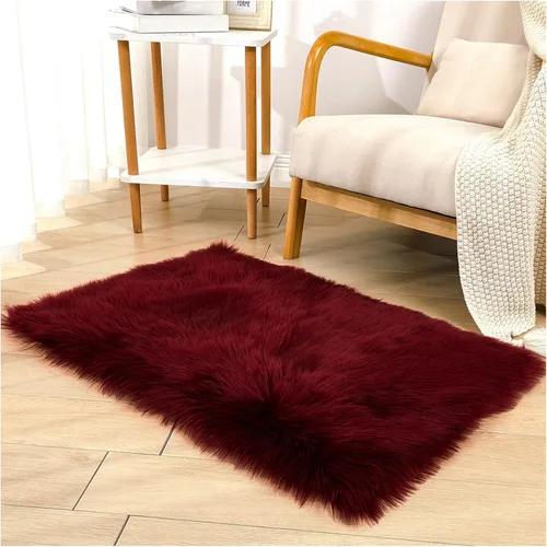 Alfombra peluda de piel de oveja sintética, rectangular de 2 x 3 pies, color burdeos, alfombra mullida para dormitorio, sala de estar, dormitorio,